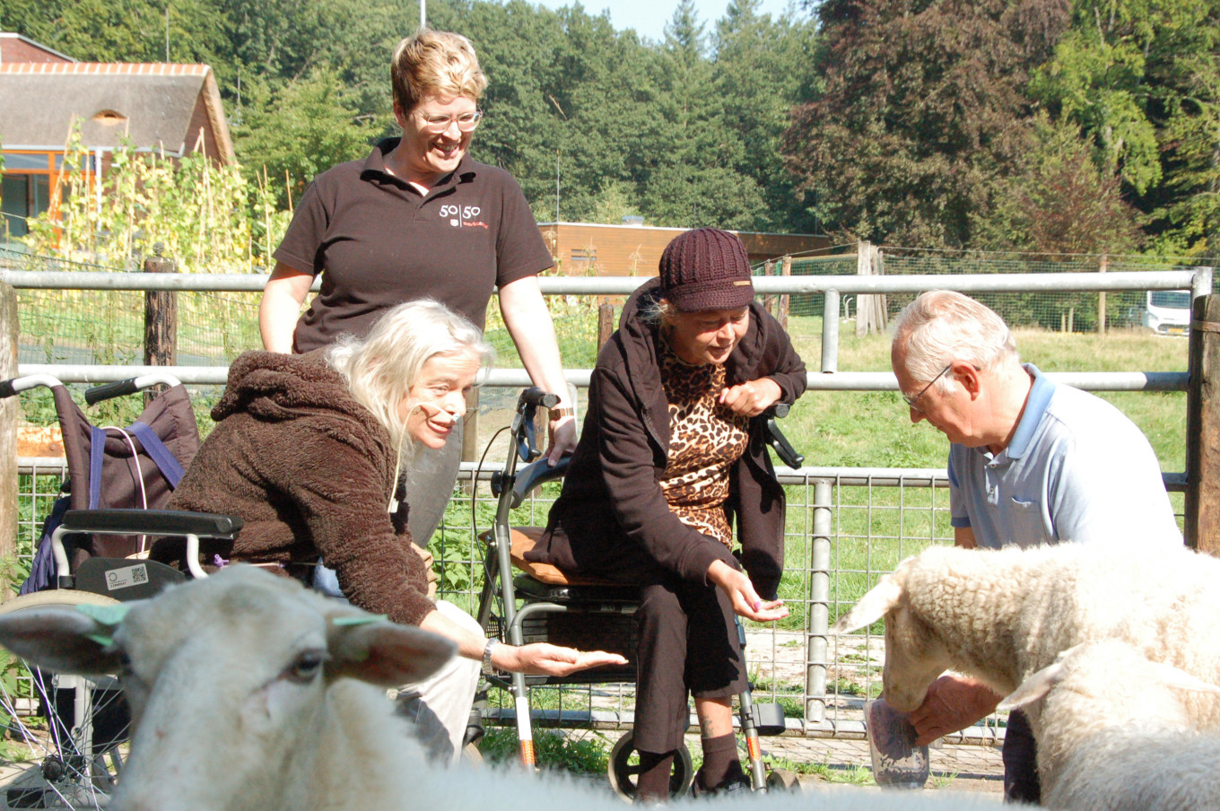 Deelnemers helpen bij het verzorgen van de dieren 